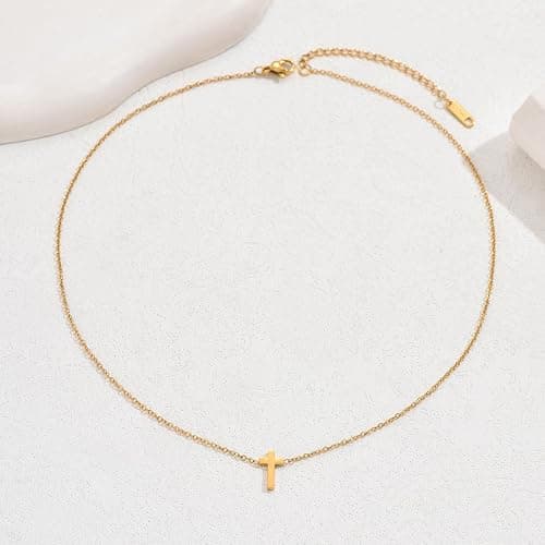 Nawflue Cross Necklace for Women, 18K Gold Plated Dainty Tiny Sideways Cross Choker Necklace, Adjustable Stainless Steel Trendy Faith Jewelry, Christmas Gifts thumbnail 6