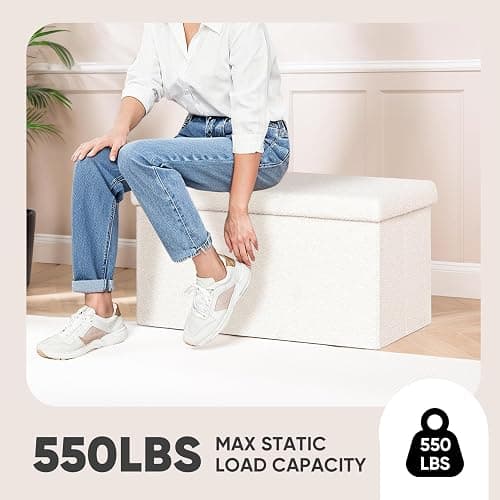 PINPLUS Folding Storage Ottoman Bench, Sherpa Ottoman with Storage, Large Long Shoes Bench Chest with Lid, Footrest for Living Room, Entryway, White 30'' x 15'' x 15'' thumbnail 6