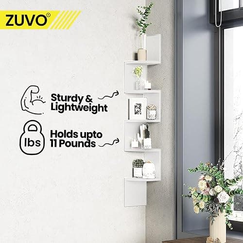 Zuvo White Corner Shelf 5-Tier - Floating Corner Shelves Wall Mounted | Zigzag Bookshelf for Bedroom, Living Room, Office | 20×20×127.5cm - Space-Saving Wall Shelf thumbnail 10