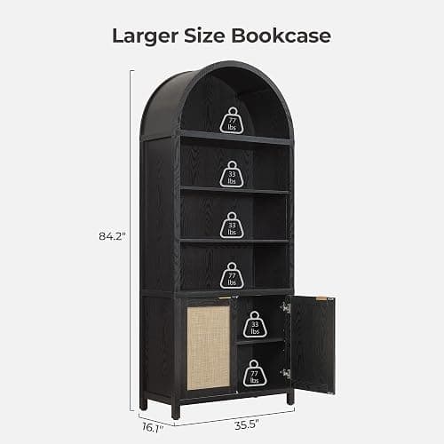 SICOTAS Book Shelf Arched Cabinet Bookshelf Arch 84.2" Tall Bookcase 5 Tier Large Bookshelves with Doors Storage Rattan Boho Wide Book Shelves Case for Living Room Kitchen Office Bedroom Library thumbnail 3