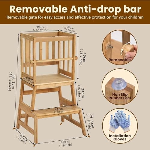 COSYLAND Kids Kitchen Step Stool，Toddler Standing Tower with CPC Certification, Removable Anti-Drop Railing Safety Rail Unique Patented Design Anti-tip Structure More Stable, 1.5-3 yrs Natural Bamboo thumbnail 2