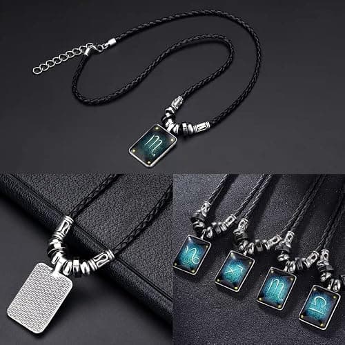 Zodiac Necklace and Bracelet Set Hand Woven Leather Zodiac Bracelet Rectangle 12 Constellation Pendant Necklace Zodiac Sign Jewelry for Women Men thumbnail 6