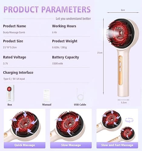 Gewaizhuan Electric Scalp Massager, 3-in-1 Hair Growth Comb with Nano Mist & Oil Applicator, IPX7 Waterproof Scalp Brush, Portable Head Massager for Home & Travel (White) thumbnail 6
