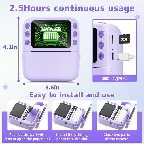 Instant Print Camera for Kids, Christmas Birthday Gifts for Girls Boys, 1080P Instant Digital Print Cameras for Toddler,Portable Toy for 4 5 6 7 8 9 10 Year Old Girl with 32GB SD Card，Purple thumbnail 6
