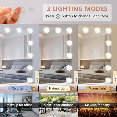 Ruication Hollywood Vanity Mirror with Lights, 50×42cm Large Lighted Makeup Mirror with 14 Dimmable Bulbs, 3 Color Modes, Touch Screen Control, Tabletop or Wall Mounted Cosmetic Mirror For Bedroom thumbnail 3
