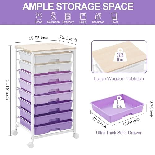 SYKIARIOL Rolling Cart with Drawers,Utility Cart With 8 Drawers and Wooden Tabletop for Living Room,Classroom,Bedroom,Bathroom,Dorm,Office,Purple thumbnail 2