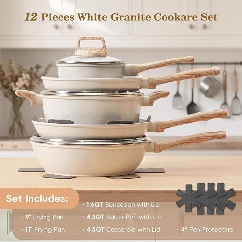 SODAY 12 Pcs Pots and Pans Set Non Stick, Cookware Sets White Granite Induction Cookware, Non-toxic Healthy Nonstick Kitchen Cooking Set with Frying Pan Set, Saucepans (PFAS/PFOA/PFOS Free) thumbnail 3