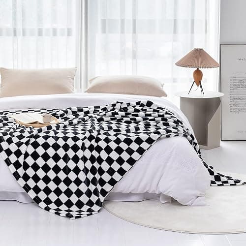LOMAO Throw Blankets Flannel Blanket with Checkerboard Grid Pattern Soft Throw Blanket for Couch, Bed, Sofa Luxurious Warm and Cozy for All Seasons (Black, 50"x60") thumbnail 6