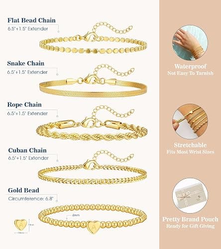 doubgood Gold Bracelets for Women, 14K Gold Plated Stackable Initial Beaded Bracelet with Letter Pendant Waterproof Stretch Trendy Stack Jewelry Set Gifts for Women thumbnail 6