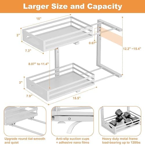 Under Sink Organizer, 2 Tier Under Sink Organizers and Storage, Adjustable Height, Slide out Metal Cabinet Organizers, Pull out Cabinet Storage Drawer Shelf for Kitchen Bathroom thumbnail 2