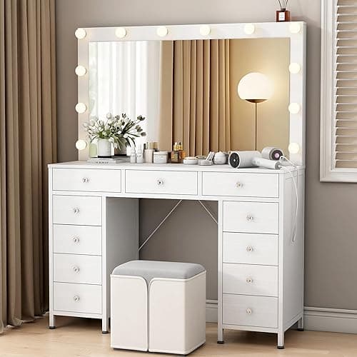 44.1" Vanity Desk with Power Outlet, Makeup Vanity with Mirror and 14 LED Light, 3 Lighting Modes,11 Drawer Vanity Table with Jewelry Storage, Cloth Drawer for Bedroom, White
