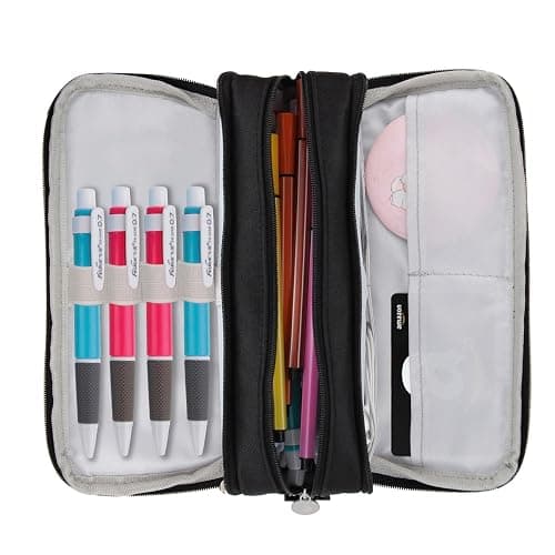 Chelory Large Capacity Pencil Case Big Pencil Bag Pouch 3 Compartment Pen Cases for Office Organizer High Storage Makeup Bag Men Women Adults, Black thumbnail 8