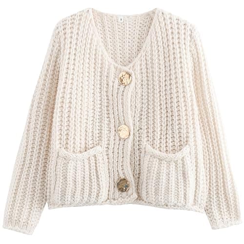 Arssm Womens Cropped Cardigan Sweaters Chunky Open Front Button Down Knit Sweater Long Sleeve Loose Cardigan Outerwear - Image 1