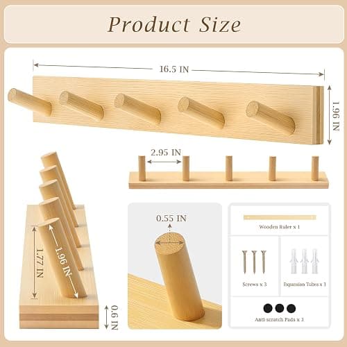 HOMEBROS Coat Rack Wall Mount, Wooden Coat Hanger with 5 Hooks, Heavy Duty, Natural, 1 Pcs thumbnail 2