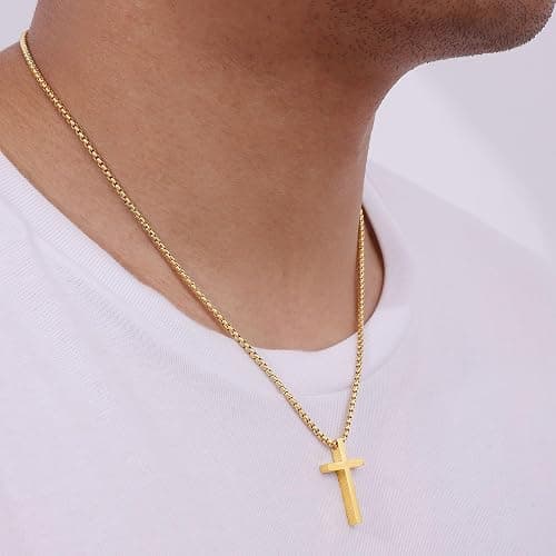 Fiusem Cross Necklace for Men, Silver/Gold/Black Mens Cross Necklaces with 2.5mm Cross Chain and Stainless Steel Cross Pendant, Box Chain 16-24 Inch thumbnail 9