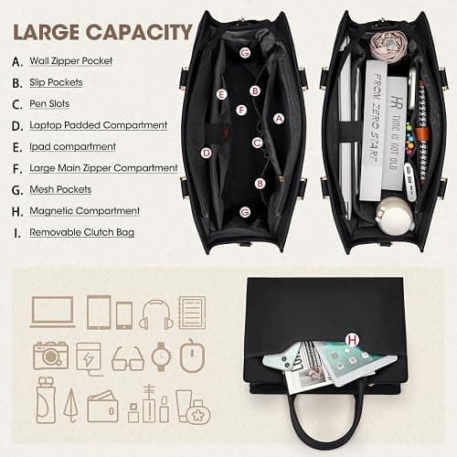 RAINSMORE Sac Cabas Femme Grand Sac A Main Pour Les Cours Lycee PU Cuir sac Fourre Tout Femme Sac Bandoulieres pour Cours Affaires Travail Noir thumbnail 3
