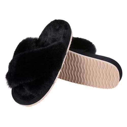 Comwarm Women's Cross Band Fuzzy Slippers Fluffy Open Toe House Slippers Cozy Plush Bedroom Shoes Indoor Outdoor thumbnail 6