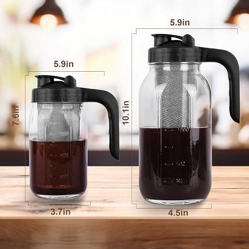 Cold Brew Coffee Maker Pitcher, 64 Oz Heavy Duty Glass Mason Jar Pitcher with V-shaped Pour Spout Handle Lid,Stainless Steel Filter for Iced Coffee,Iced tea,Fruit Drinks,lemonade - Black thumbnail 6