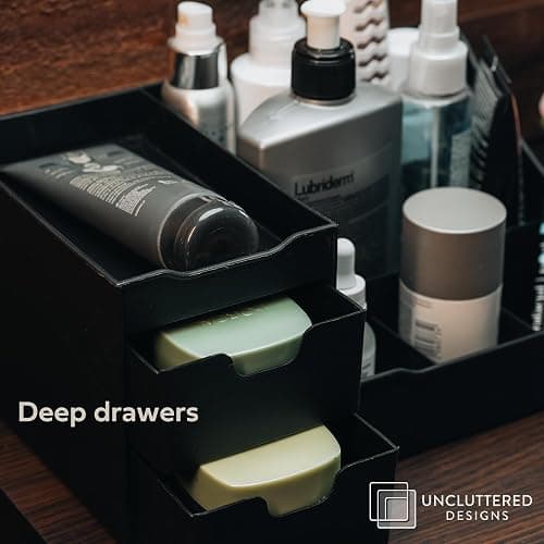 UNCLUTTERED DESIGNS Large Black Cosmetic Organiser - Organiser Box With Drawers for Aftershave, Deodorant, Beard, Shaving Lotion, Perfume & Skincare - Perfect for Mens Bathroom & Bedroom Storage thumbnail 5