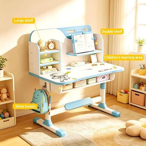 Tazauue Kids Desk and Chair Set, Height Adjustable Children Study Table and Chair, Desk for Kids, Toddler Writing Table with Bookstand and Storage Drawer, Mesa para Niños for Boys Girls thumbnail 5