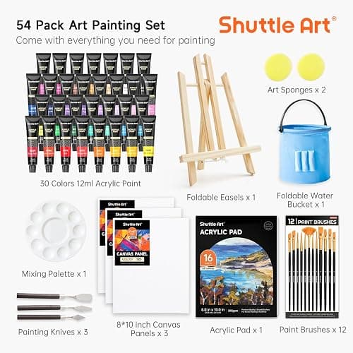 Shuttle Art 54 teiliges Acrylfarben Set, professionelles Malset mit Tischstaffelei, 30 Acrylfarben, Leinwand, Pinsel, Palette, komplettem Zubehör, Malset für Kinder und Erwachsene mit staffelei holz thumbnail 3