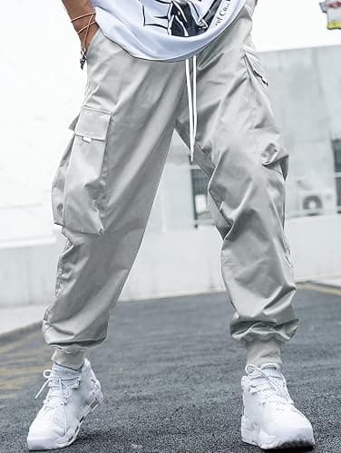 Men Techwear Cargo Joggers Flap Pocket Elastic Drawstring Waist Pants thumbnail 3