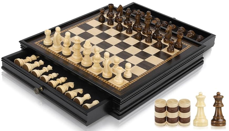 Peradix Magnetic Chess and Checkers Set with 2 Built-in Storage Drawers, Classic 2 in 1 Wooden Board Games, Magnetic Chess Pieces 2 Extra Queens, 12.8" Chess Set for Adults and Kids Gift Package thumbnail 9