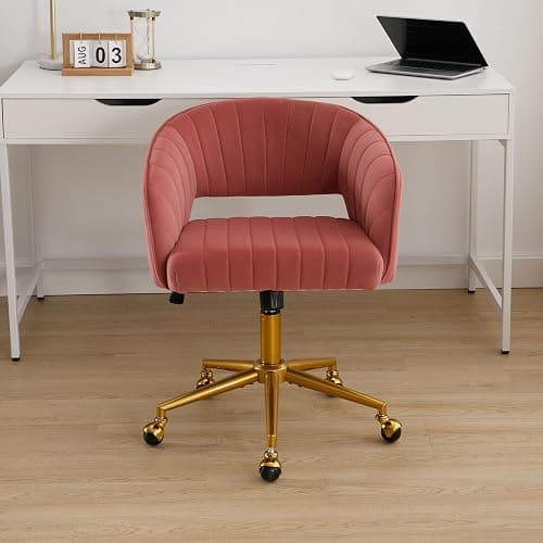 Westice Home Office Desk Chairs, Modern Velvet Desk Chair, Height Adjustable Swivel Vanity Chair with Golden Base, Ergonomic Chair for Vanity Study, Living Room Computer Room, Bean Paste Red thumbnail 2
