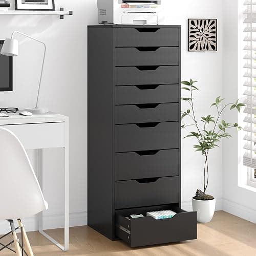 FOREHILL Cómodas y Cajoneras, Sinfonier Dormitorio Alto, Cajonera con 9 Cajones, Cajonera Armario Interior, Mueble Almacenaje para Dormitorio, Salón, Moderno Negro 45x40x124.5cm thumbnail 9