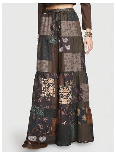 Verdusa Women's Hippie Ruffle Flowy Wide Leg Pants Elastic Waist Vintage Loose Palazzo Pants thumbnail 4