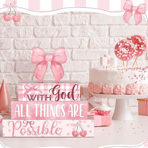 Cinnvoice 4 Pcs Pink Coquette Bow Room Decor Christian Bow Centerpieces for Table Bathroom Decor Inspirational Aesthetic College Teen Girls Gifts (God) thumbnail 2