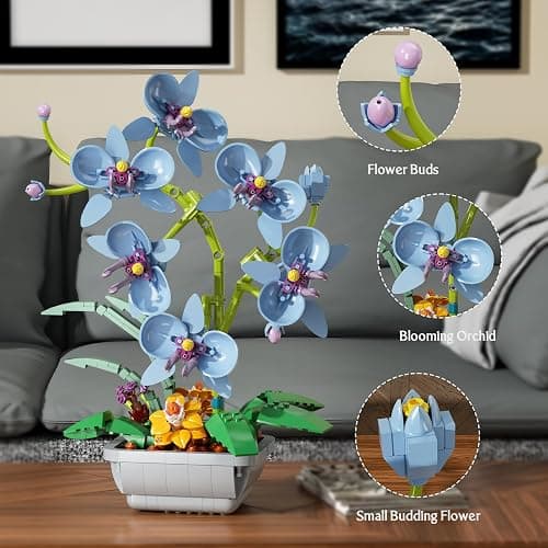 itshWOee Blue Orchid Flowers Bouquet Building Set, Botanical Collection Artificial Plant for Home Décor, Ideal Gifts for Mother's Day, Anniversary, Birthday thumbnail 4