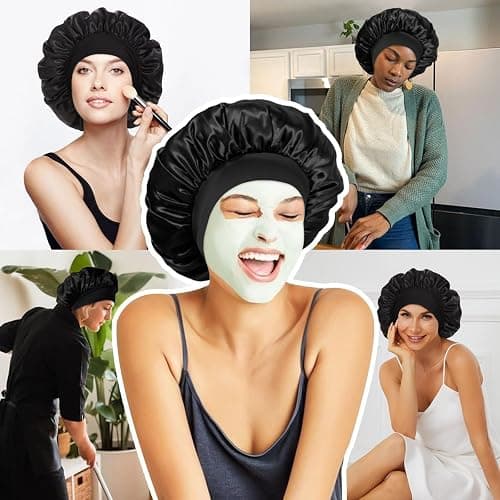 Wesoke Womens Sleep Cap 2 Stück Satin Motorhaube Seidenhauben zum Schlafen, Frauen Haarhaube für lockige Haarzöpfe, große Schlafkappe Wiederverwendbare Badduschhaube für Frauen Männer (Schwarz) thumbnail 7