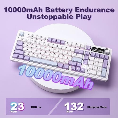 MIKIBY AJAZZ AK980 Mechanical Keyboard, Creamy & Thocky with Smart Display & Knob, 98% Wireless Tri-Mode BT/2.4G/USB-C, Hot Swappable, RGB Light for Win & Mac (Purple, Murad Switch) thumbnail 8