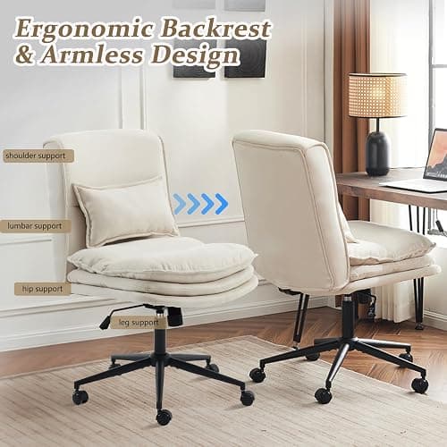 VINGLI Cloud Criss Cross Legged Chair,18" High Back Armless Home Office Desk Chair with Wheels,Wide Adjustable Comfy Padded Seat Task Computer Chair,Modern Swivel Makeup Vanity Chair,Microfiber,Beige thumbnail 8