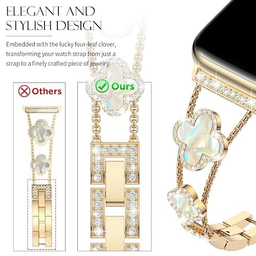 CTYBB Bling Diamond Band Compatible with Apple Watch Bands for Women 40mm 41mm 38mm 42mm Series 11 10 9 8 7 6 5 4 SE 3 2 1, Sparkle Metal Bracelet Wristband, Cute Lucky Clover Dressy iWatch Band,Gold/White thumbnail 2