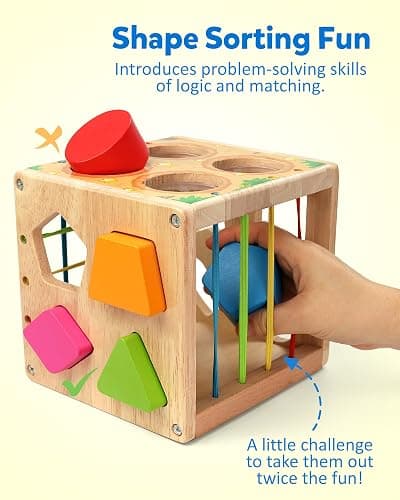 Coogam Wooden Montessori Toys for Toddlers, Shape Sorting Cube Fine Motor Skills Game for Year Old 18 Month+ Baby Boys Girls Gift thumbnail 3