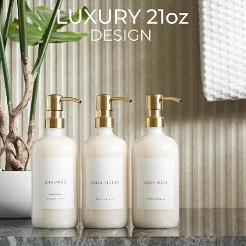 Stylish Shampoo and Conditioner Dispenser Set of 3 - Modern 21oz Shower Soap Bottles with Pump and Labels - Easy to Refill Body Wash Dispensers for an Instant Bathroom Decor Upgrade Clear thumbnail 3