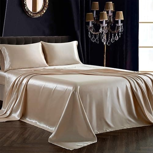SiinvdaBZX 4Pcs Satin Sheet Set Queen Size 15-Inch Deep Pocket, Beige | Ultra Silky Soft Satin Bed Sheets Similar to Silk Sheets, Includes 1 Fitted Sheet, 1 Flat Sheet, 2 Satin Pillowcases - Image 1