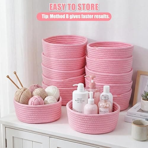 Yinkin 12 Pack Small Storage Basket Cute Natural Cotton Rope Woven Basket Tiny Boho Decorative Toy Storage Bin Gift Baskets for Home Organizing, Closet, Shelf, Nursery, Bathroom(Round,Pink) thumbnail 3