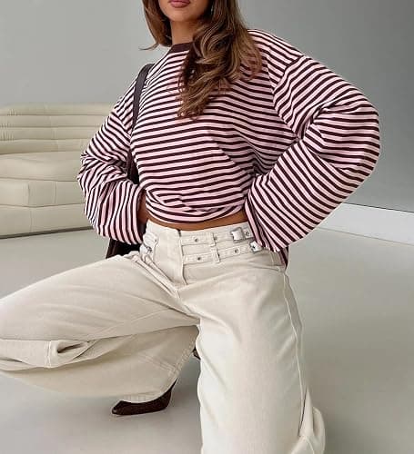Foidiccx Striped Long Sleeve Shirt Women Y2k Oversized Crewneck Vintage Tops Fall Winter Drop Shoulder Cute Preppy Pullover thumbnail 5