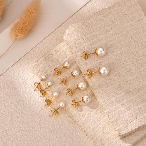 JINERA 5 Pairs Stud Earrings for Women 14K Plated Gold/Silver Pearl Ball Small Stud Earrings Set Cartilage Piercing Hypoallergenic Lightweight Flatback Earrings Jewelry Gifts for Women thumbnail 5