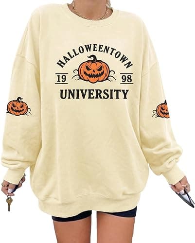 BANGELY Oversized Halloween Sweatshirt Women Spooky Season Pullover Top | Oversized Halloween Sweatshirt Women Vintage Spooky Season Pullover Top Spooky Vibes Letter Print Long Sleeve Shirt - Image 1