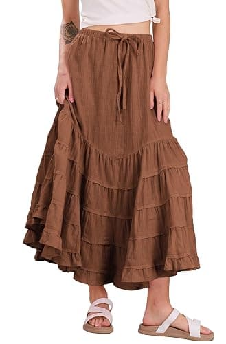 CHARTOU Women Tiered Maxi Mermaid Skirt Drawstring Waist Ruffle Flowy Boho 2024 Summer Long Skirt - Image 1