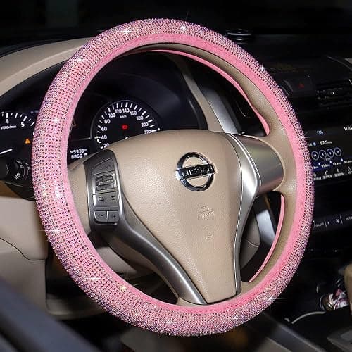 Car Sparkly Rhinestone Steering Wheel Cover Pink for Women Girls Cute Bling Colorful Diamonds Anti-Slip Wheel Protector, Small Size 14 inch -14 1/4 inches 14.5'' - Image 1