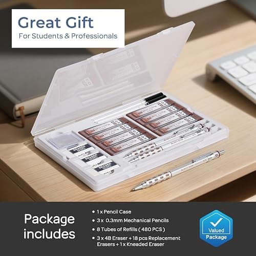Nicpro 3 Pack Blocky Gear 0.3 mm Metal Mechanical Pencils Set with Case, Lead Drafting Pencil with 8 Tube (480PCS) Lead Refills, 4 Erasers, 18 Eraser Refills for Art Writing, Sketching Drawing thumbnail 6