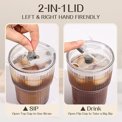 AUFXKOO 13oz Iced Coffee Cups,4Pcs Glass Cups with Lids and Straws Drinking Glasses,Clear Ribbed Glassware,Reusable Tumbler Glass to Go Cup for Matcha, Iced Tea,Juice thumbnail 5