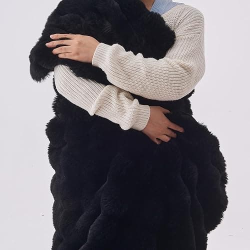 Wajade Fluffy Faux Fur King Size Blanket for Bed Couch 90x106 Inches, Luxury Ultra Soft Thick Fuzzy Plush Bubble Blanket, Reversible Warm Cozy Blanket for Sofa Chair, Black thumbnail 4