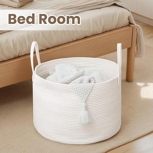 JMvicyroam Woven Blanket Basket,65L Large Rope Storage Bin with Handles, Organizer for Blankets Toys Book and Clothes, Laundry Basket for Living Room Bedroom Nursery,White thumbnail 6