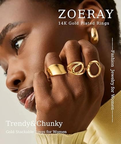 ZOERAY Chunky Gold Rings for Women Non Tarnish Trendy 14k Gold Plated Adjustable Signet Band Stackable Thumb Ring Set Open Twist Dome Statement Stacking Rings Jewelry Gifts for Women Size 5-10 thumbnail 2